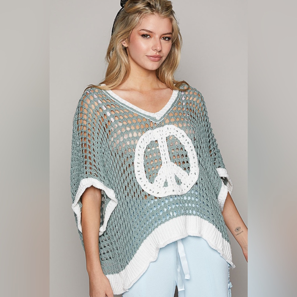 POL Crochet Open-Knit Peace Sign Sweater Poncho in Sage Green and White - Picture 3 of 8
